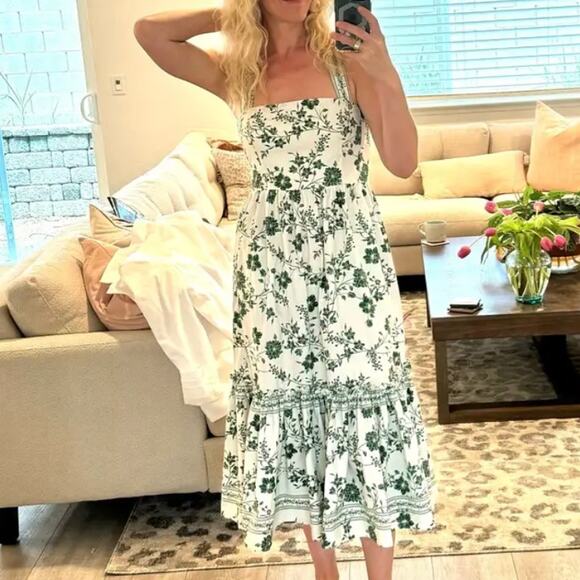 Cara Cara White Green Floral Midi Dress MEDIUM Ruffle Cottagecore Designer $525 - Picture 13 of 14